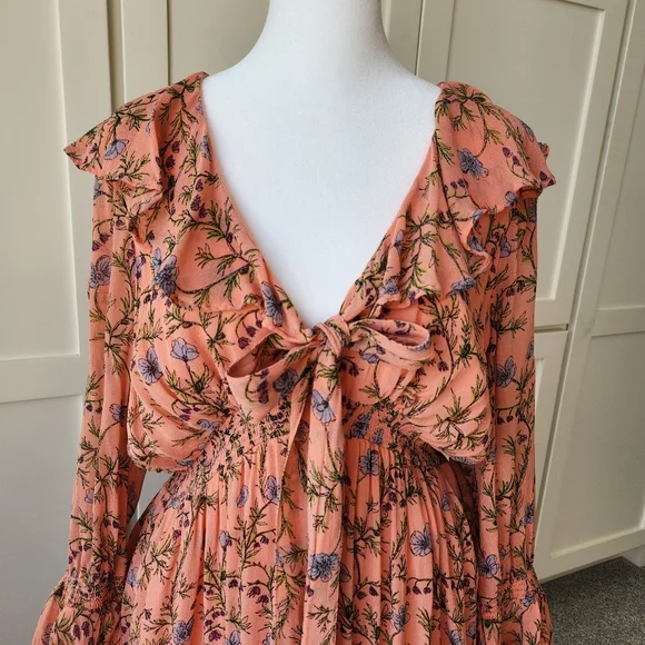 Free People Pink Floral Summer Mini Dress Ruffle Tie Cute Medium - Picture 4 of 16